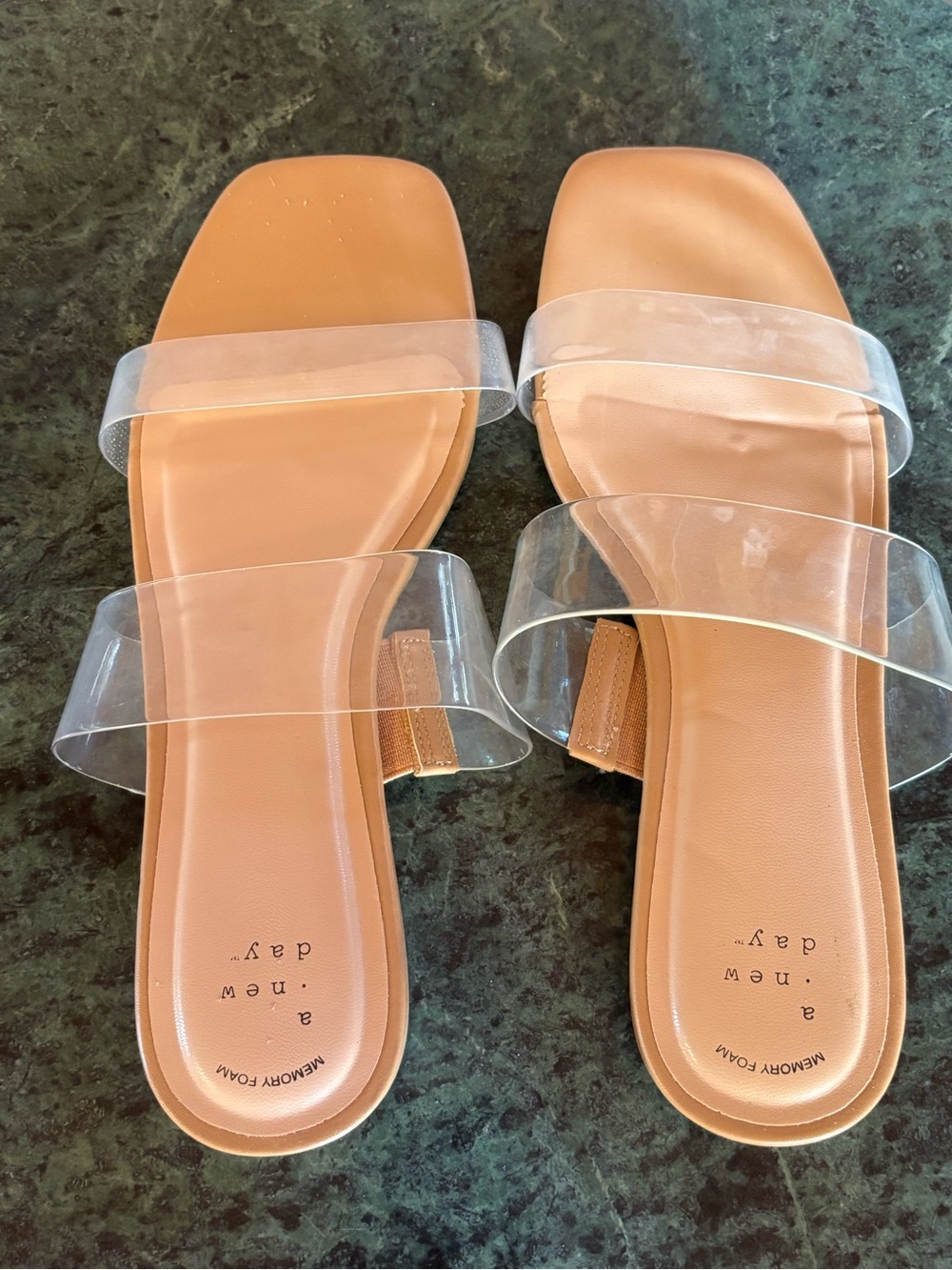 a new day Tan Slide Sandals with Clear Double Straps